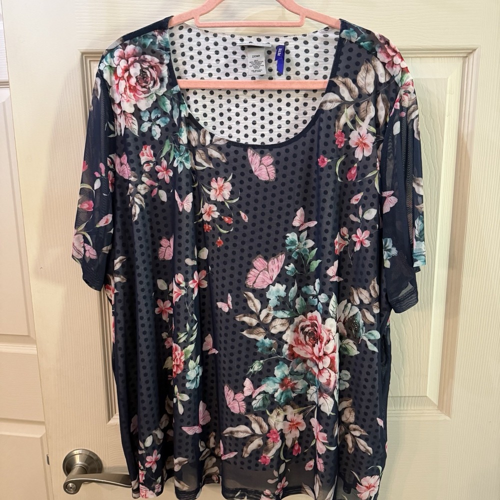 Catherines Womens‎ Multicolor Floral Short Sleeve Polka Dot Top 2XWP NWT Career